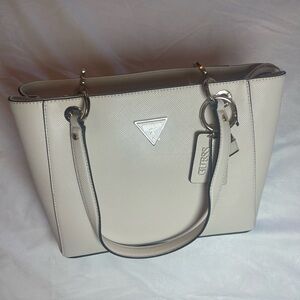 GUESS Cream Saffiano Top-Handle Satchel with Charm